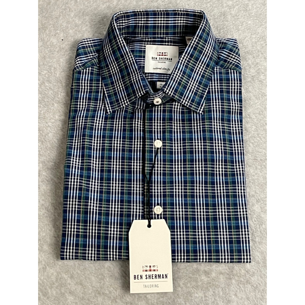 Ben Sherman Tailored Slim Fit Plaid Dress Shirt 15H 32/33 Blue Green NWT